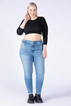 Büyük Beden Mavi Yüksek Bel Skinny Jeans